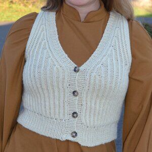 Women's White Handknitted Wool Vest, size M